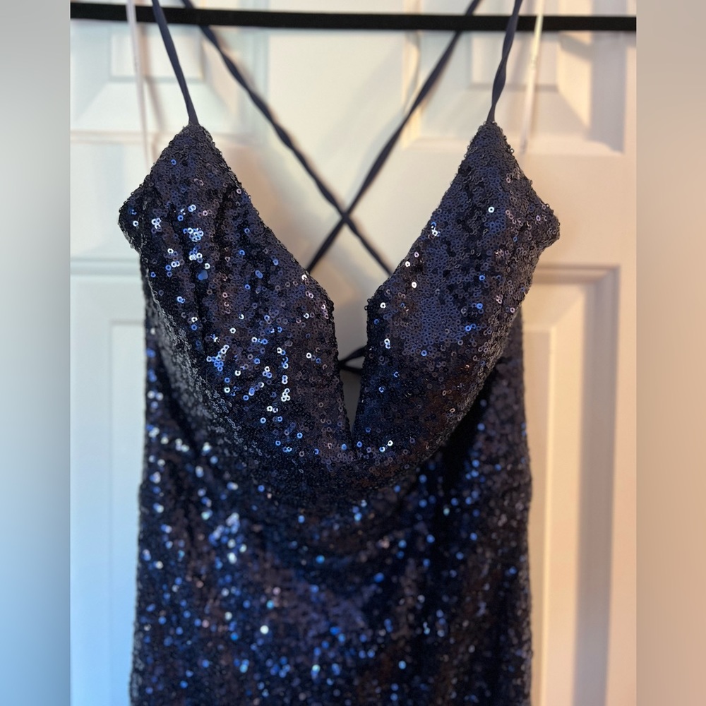 Sparkling Starlet Navy Blue Sequin Lace-Up Midi Dress - Picture 6 of 10